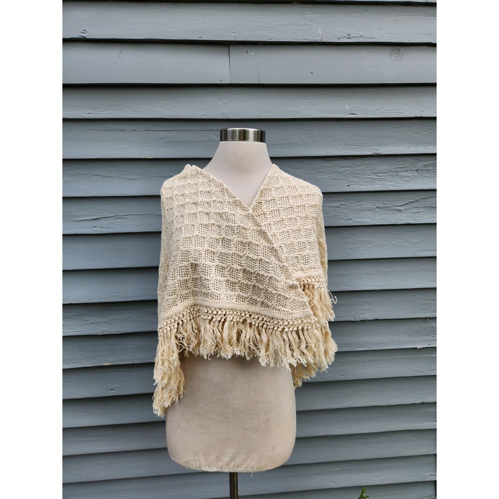 Vintage 90s California Things Shawl Poncho Cream Crochet Fringe Cotton One‎ Size